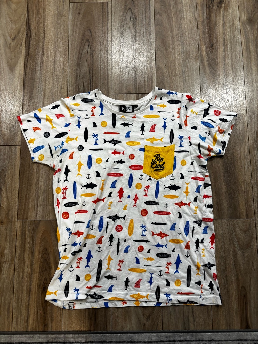 Large Rip Curl White Tee with Multicolor Surf & Shark Prints